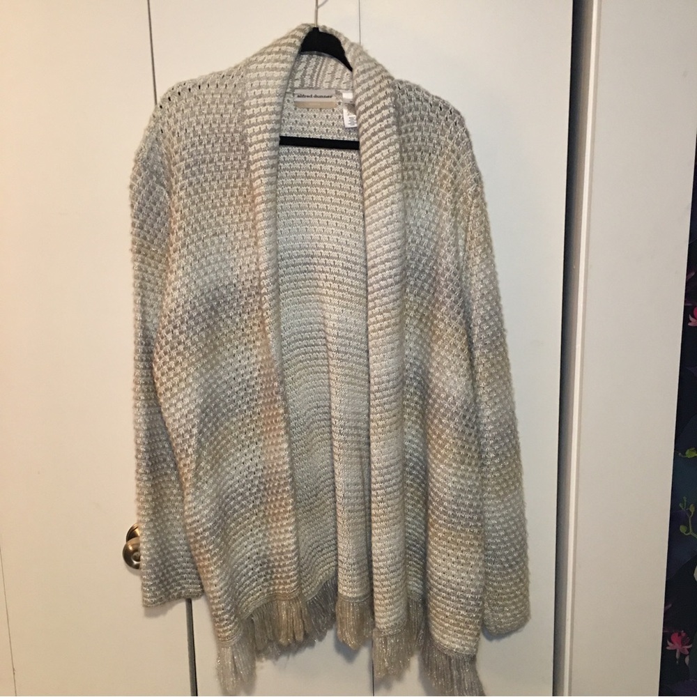 Alfred Dunner Knit Cardigan White Silver Gold Size 2X Preowned
